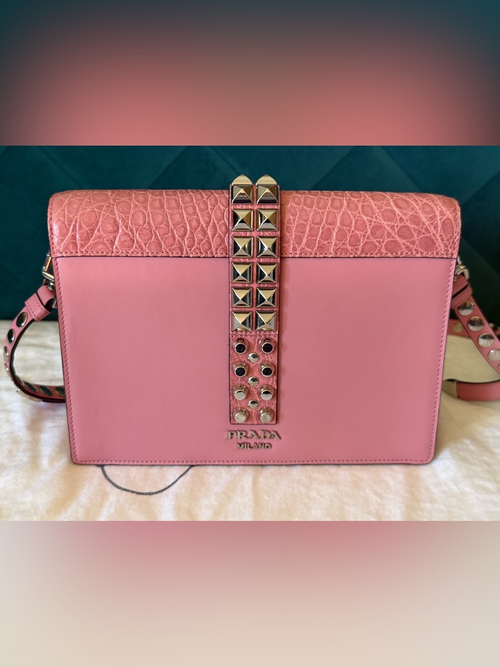 Prada Elektra 1BD120 Pink Studded Flap Shoulder Bag - Picture 3 of 16
